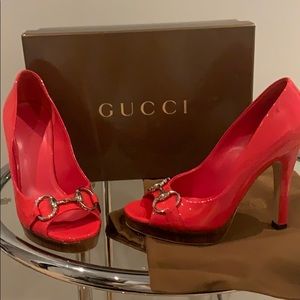 Gucci Horsebit Coral Patent Leather Platform Heels